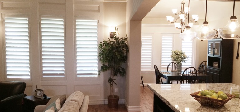 Southern California shutters in kitchen and family room